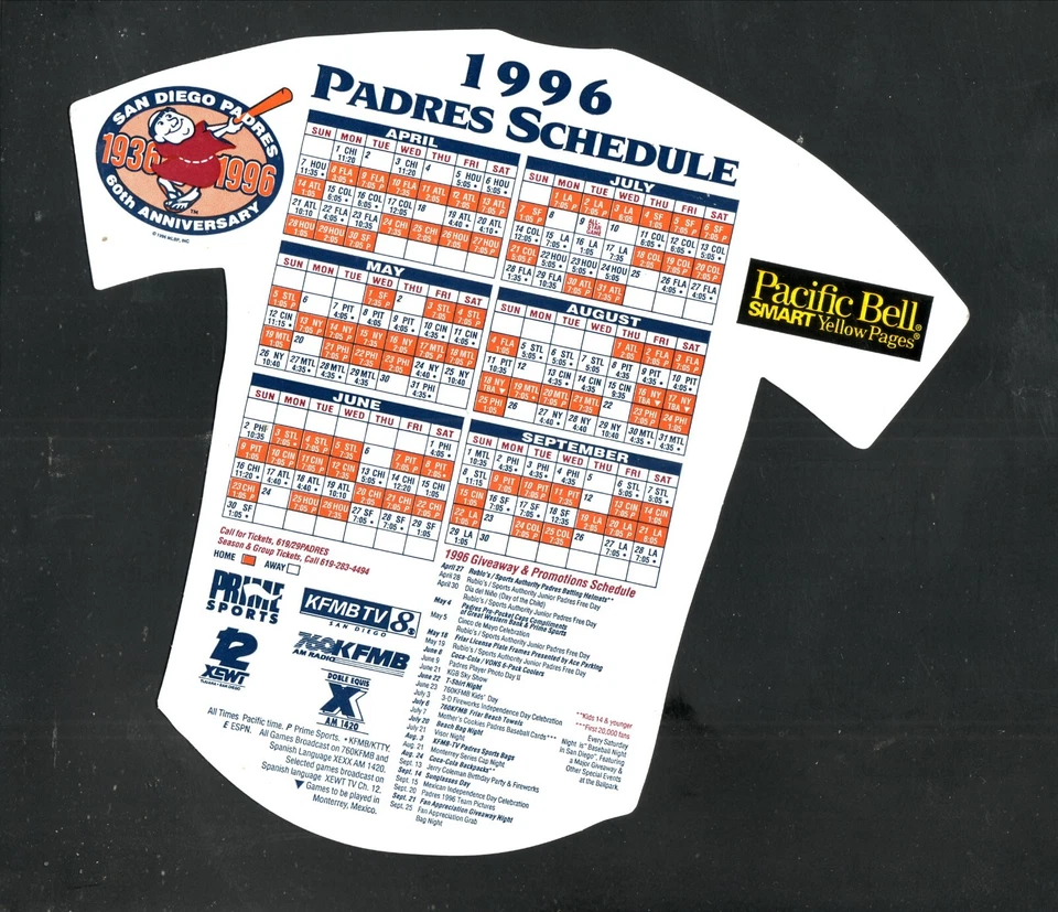 San Diego Padres 1996 Jersey Diecut Magnet Schedule Pacific Bell - Image 1 of 1
