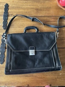 Floto Leather Briefcase Folio Shoulder Bag W/ Strap Black Italy - Picture 1 of 13