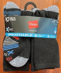 Hanes Boys Cushion Crew Socks 10 pairs Black Large Shoe Size 3-9 - Picture 1 of 7