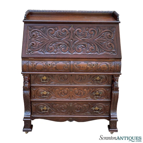 Antique Victorian Quartersawn Oak Carved Figural Drop Front Secretary Desk Cover