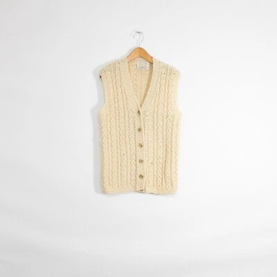 Cárdigan de lana tejido con cable vintage para mujer mediano - pescador sin mangas tejido a mano Foto 1 de 4