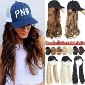 Real Long Wavy Baseball Cap with Hair Hat Hair Extensions Full Head For Human us - Picture 1 of 25