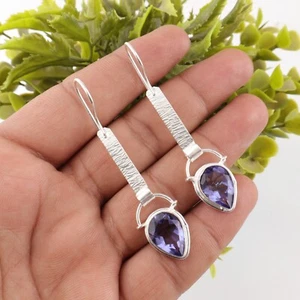 Dainty Iolite Gemstone Dangle Earrings 925 Sterling Silver Handmade Jewelry Gift - Picture 1 of 5