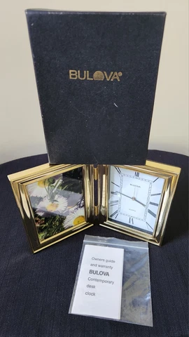 Vintage Bulova Quartz Desk Table Clock Picture Frame Combo Gold Tone Box Cover