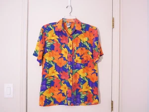 Vtg 80s CLIO Multicolored Silk Chiffon Floral Pocket Short Sleeve Shirt Size M - Picture 1 of 3