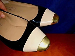 TALBOTS Genuine Leather Ballet Flats Black Beige Gold Tip Women Shoe Sz 7.5 👣b6 - Picture 1 of 8