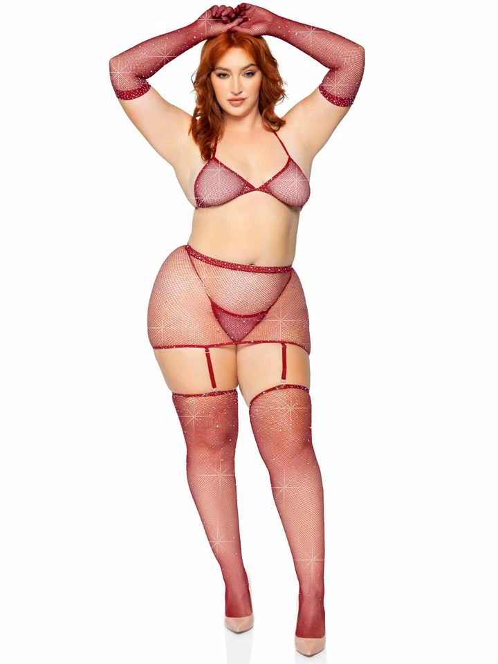 Rejilla Leg Avenue para mujer 5 piezas estrás talla adulto, borgoña, talla grande Foto 1 de 1