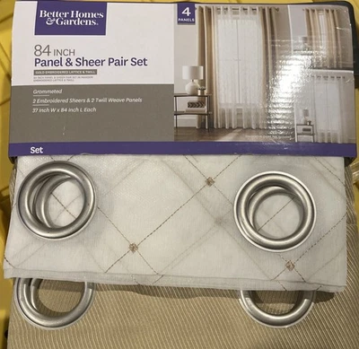Better Homes & Gardens 84” Curtains Set Grommet Panel & Sheer Pair (Tan/Gold) - Image 1 of 2