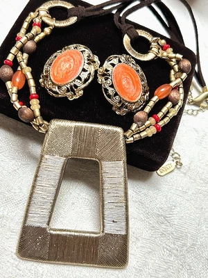 Alfani Textured Pendant Beaded NecKlace/ChoKer & Orange Earrings Jewelry - Image 1 of 4