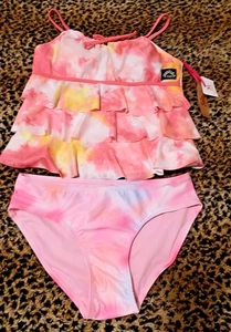Justice Girls Tankini Swimsuit Pink Size 16/18 Tie Dye Lined Logo 2 Piece Set - Picture 1 of 9