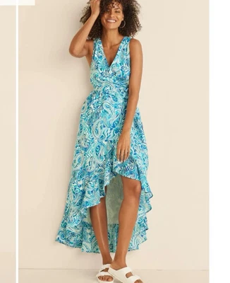 Vestido para mujer Venus talla 14 con volantes dobladillo alto bajo envolvente estampado azul Foto 1 de 4