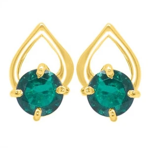 2.50 Carat Round Cut Natural Zambian Green Emerald Studs In 14KT Yellow Gold - Picture 1 of 4