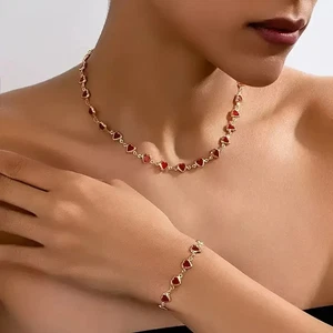 18K Gold Plated Elegant Little Ruby Red Crystal Hearts Necklace And Bracelet Set - Picture 1 of 7