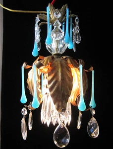 Vintage Tole Lampe Italy OPALIN Lilie SWAG Plugin Messing Hollywood Regency Kristall - Bild 1 von 12