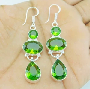 Peridot gemstone earrings 925 sterling silver handmade gift 2.25 inch - Picture 1 of 3