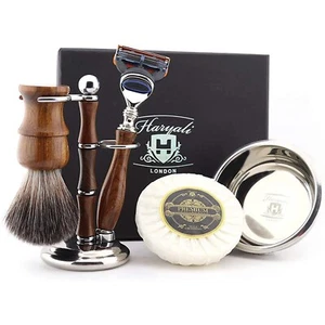 Haryali London Wooden Shaving Set 5 Edge Shaving Razor Wood Grips Brush Stand - Picture 1 of 9