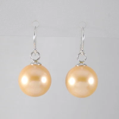 14mm Champagne Gold Pearl Earrings Short Drop Dangle 925 Sterling Silver Hooks - Image 1 of 4