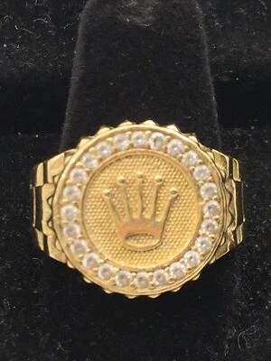 Anillo corona sello oro amarillo 14K macizo circonita blanca para hombre 9,9 gr. Talla 9,75 Foto 1 de 4