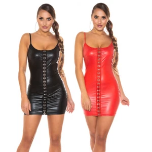 Leather Look Mini Dress Spaghetti Stripes Front Clasps Bodycon Wet Look KouCla - Picture 1 of 15