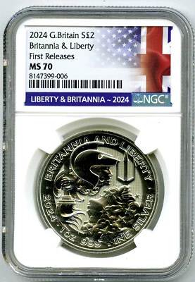 2024 GREAT BRITAIN 1OZ SILVER NGC MS70 BRITANNIA & AND LIBERTY FIRST RELEASES - Image 1 of 2
