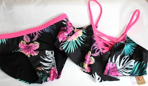 Justice Bikini Girls Swimsuit 2 Piece Lace Up Floral Bikini Large 12/14 New - Picture 1 of 5