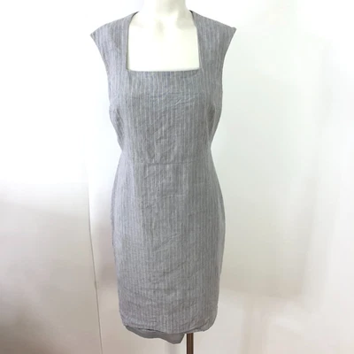 Talbots 2 Linen Blend Square Neck Sleeveless Striped Above Knee Dress Gray MINT - Image 1 of 4
