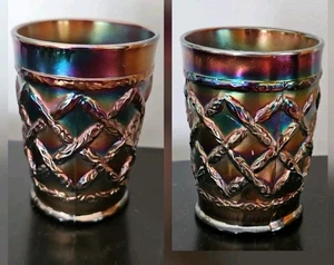 2 Antique Dugan-Diamond Amethyst Carnival Glasses Short Tumblers Cobalt Base - Picture 1 of 5