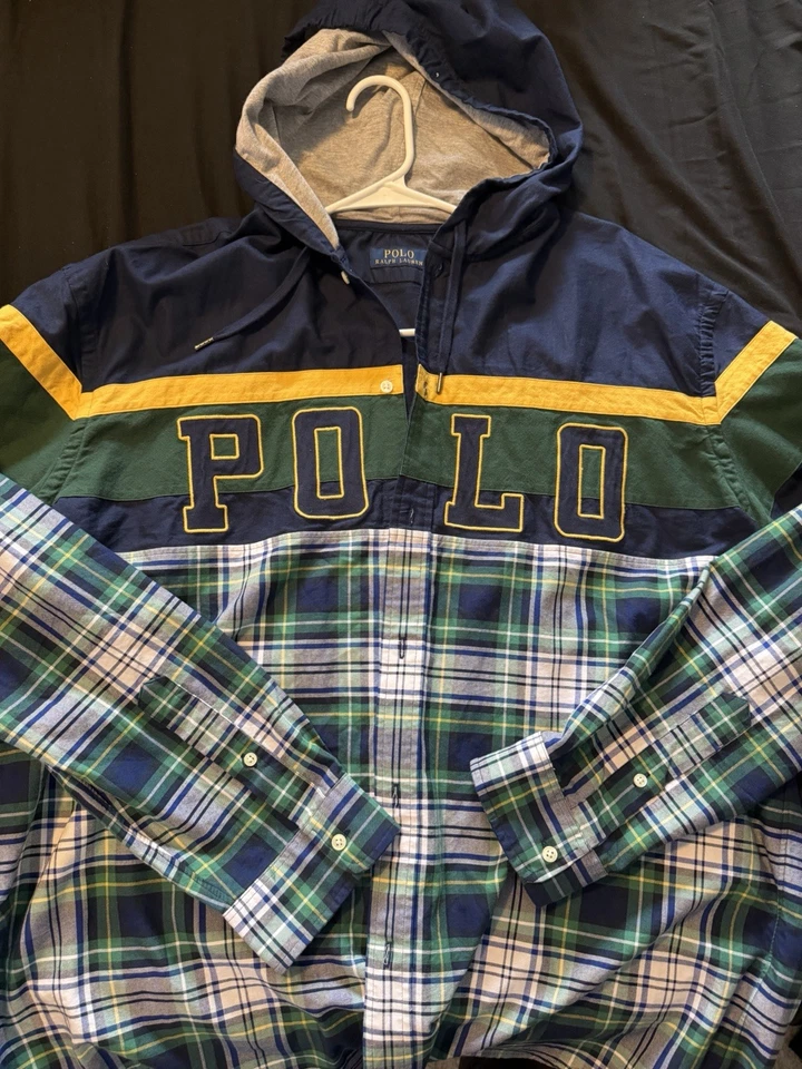 Ralph LaurenPOLO 拼色格子连帽纽扣衬衫男式 XXL — 第 1/2 张图片