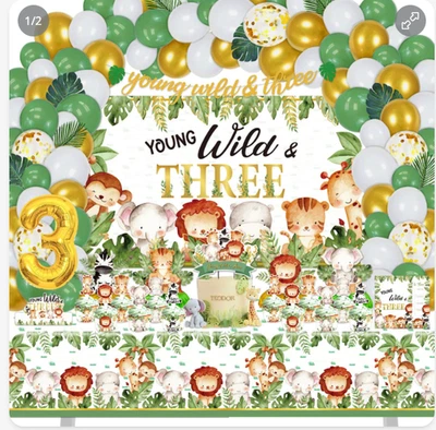 Young Wild and Three Birthday Decorations for Boys Girls, 157 Pcs Jungle Safari  - Image 1 of 3