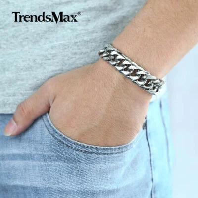 Brazalete Rombo Eslabón Cubano Bordillo 15mm ANCHO 316L Cadena Acero Inoxidable 8-10" Plata Foto 1 de 4