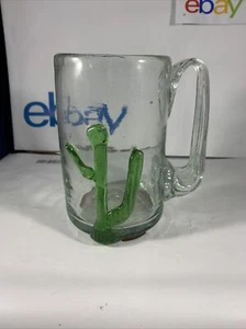 Hand Blown Glass Beer Mug Saguaro Cactus Clear With Handle 5 1/4" Tall 24oz - Picture 1 of 6
