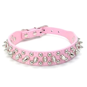 Small Dog Spiked Studded Rivets Dog Pet Leather Collar Can Go With Harness- PINK - Picture 1 of 4