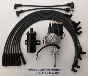 PLYMOUTH 273-318-340-360 BLACK SMALL HEI Distributor +Black 45K Coil +Plug Wires - Bild 1 von 2