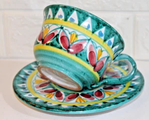 Signed Per Alimenti Hand Painted ART POTTERY Italian Ceramic Cup & Saucer Set - Picture 1 of 11