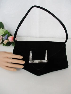 La Regale Vintage Black Velvet Evening Bag Rhinestone Clasp - Image 1 of 4