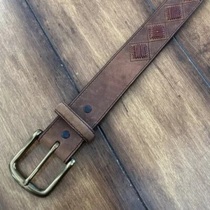 Vtg LL Bean Brown Leather Belt 32 Western Boho Brass Buckle 1995 Diamond Weave - Picture 1 of 8