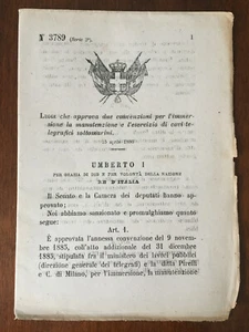 Legge Approva Convenzioni su Cavi Telegrafici Sottomarini 1886 - Imagen 1 de 1