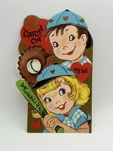 Vintage Valentine Greeting Card Boy Girl Baseball Bat Uniform Hat Glove - Picture 1 of 3