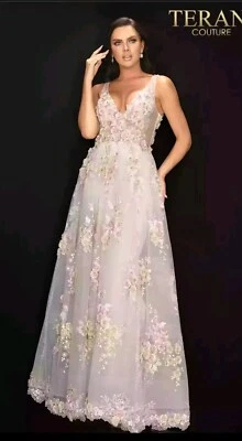 Terani Couture Womans Size 8 Floral V  Neckline Tulle Long Prom Ball Gown Dress - Image 1 of 4
