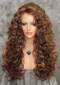 Light Brown/Blonde Long Full Curly Heat OK Lace Front Human Hair Blend Wig EVFK - Picture 1 of 6