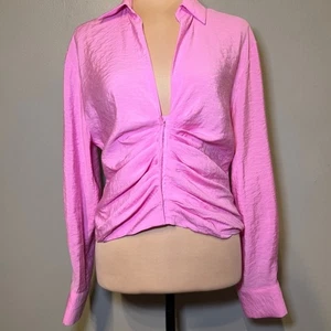 Zara Hot Pink Fluid Ruched Shirt Top Blouse Corseted Button Up Front - Picture 1 of 13
