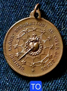 XIX ème - Belle Méd. Bronze 28 mm- Gloire ! Amour Réparation ! Au Coeur De Jésus - Picture 1 of 2