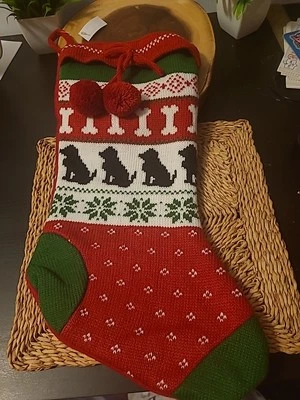 New Christmas Stocking Knitted Front Traditional Theme Dog Design Size 17" CC - Image 1 of 3
