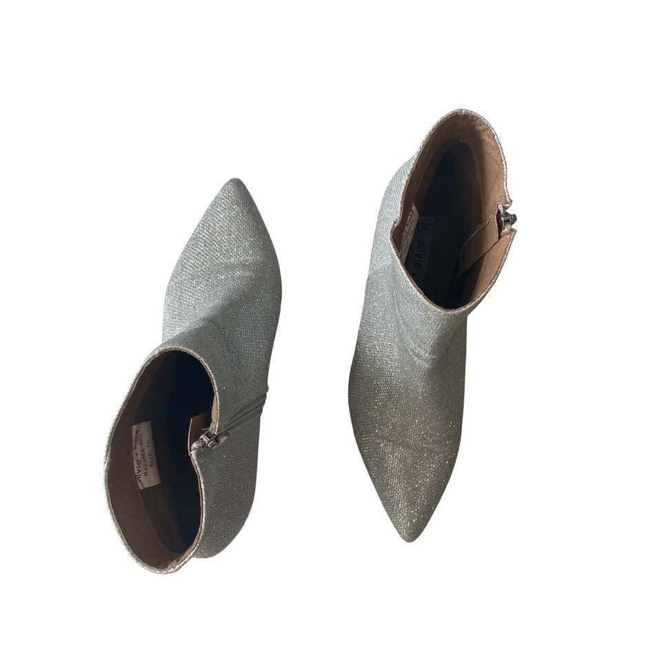 Botines Olivia + Kate plateados brillantes talla 10 punta punta tacón bloque cremallera lateral Foto 1 de 4