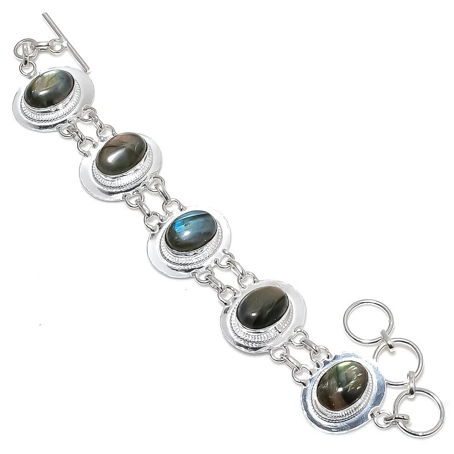 Labradorite Gemstone Handmade 925 Sterling Silver Bracelet Size 7-8" - Image 1 of 1