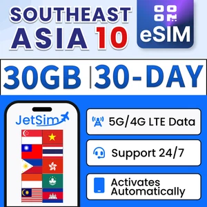 Asie du Sud-Est 10 pays eSIM - 30 Go haute vitesse, 30 jours JetSim/Travel SIM - Photo 1/7