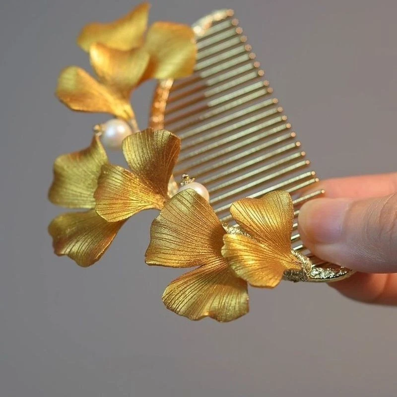 Peine para el cabello con horquilla hoja de albaricoque tono dorado Hanfu chino accesorios para el cabello vintage Foto 1 de 4