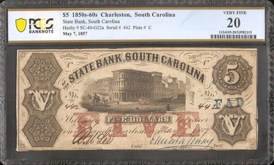 1857 $5 DOLLAR BILL SOUTH CAROLINA BANK NOTE LARGE OLD PAPER MONEY PCGS 20 - Image 1 of 2