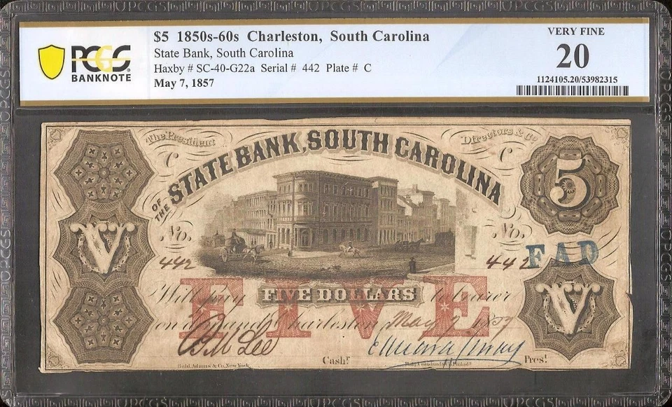 1857 $5 DOLLAR BILL SOUTH CAROLINA BANK NOTE LARGE OLD PAPER MONEY PCGS 20 - Image 1 of 2