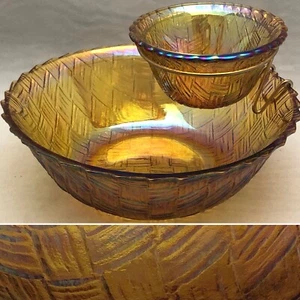 Indiana Glas irisierende Ringelblume Korbgeflecht persönlicher Chip & Dip 1970er USA 9"d - Bild 1 von 12